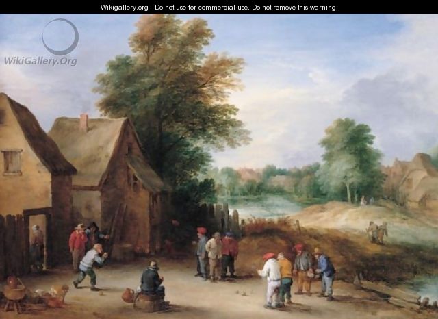 A Village Scene With Boors Playing Skittles Outside A Tavern - Theobald Michau
