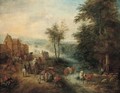 A Village Scene With Waggoners On A Road And Boors Watering Their Cattle In A River - (after) Andreas Martin