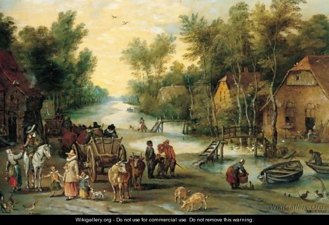 A Wooded River Landscape With Elegant Figures Buying Provender - (after) Jan The Elder Brueghel
