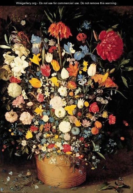 A Still Life Of Roses, Tulips And Other Flowers In A Wooden Tub - Jan, the Younger Brueghel