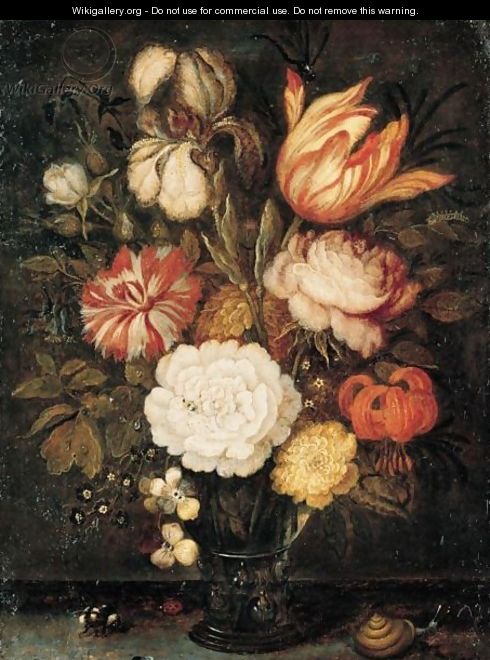 A Still Life With Roses, A Tulip, An Iris And Other Flowers Together In A Roemer On A Stone Ledge, With A Snail, A Bee And A Ladybird - Balthasar Van Der Ast