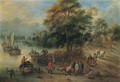 A River Landscape With Fishermen Unloading And Selling Their Catch - Theobald Michau