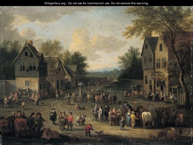 A Crowded Village Scene With Numerous Villagers And Animals - Adriaen Frans Boudewijns