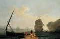 A Mediterranean Bay With A Merchantman Unloading, Seamen Playing Cards In The Foreground And A Port Beyond - Pierre-Jacques Volaire