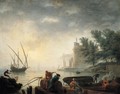 A Mediterranean Port By Moonlight With Fishermen Pulling In Their Nets - Pierre-Jacques Volaire