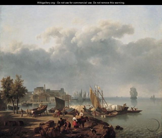 A Quay With Stevedores And Peasants Conversing, Boat-Builders At Work With A Fortress And Fishing Vessels Beyond - Nicolas Antoine Taunay