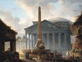 Rome, A View Of The Piazza Della Rotonda With The Pantheon And Figures Before The Obelisk Fountain - Hubert Robert