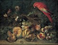 Still Life Of Watermelons, Pomegranates, Plums, Peaches And Grapes, And Flowers In A Glass Vase, Together With A Scarlet Macaw - Roman School