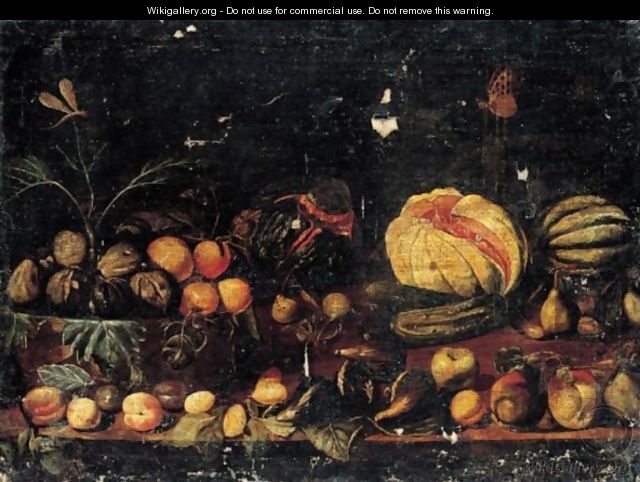 A Still Life Of Figs And Apricots In A Basket, Melons, Figs, Apples, Pears And Plums Arranged On A Ledge - Roman School