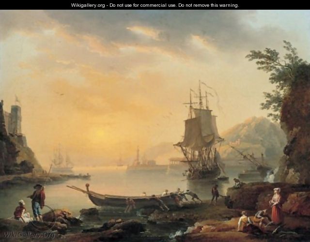 A Mediterranean Harbour Scene With Figures On The Shore, And Fisherman Launching A Boat - Charles Francois Lacroix de Marseille
