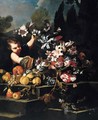 A Young Boy Arranging Flowers In An Urn With Peaches, Pears, Grapes, A Pomegranate And A Melon On A Stone Steps In A Garden - (after) Abraham Brueghel