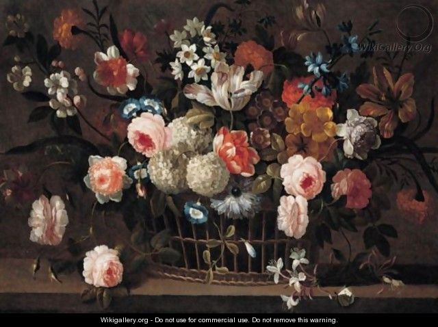 Still Life Of Roses, Tulips, Narcissi And Other Flowers In A Basket On A Stone Ledge - Simon Hardime
