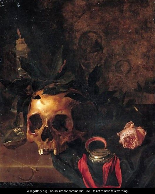 A Vanitas Still Life With A Skull, Rose And Pocket-Watch, All Laid Out On A Draped Table - Nicolas de Largilliere
