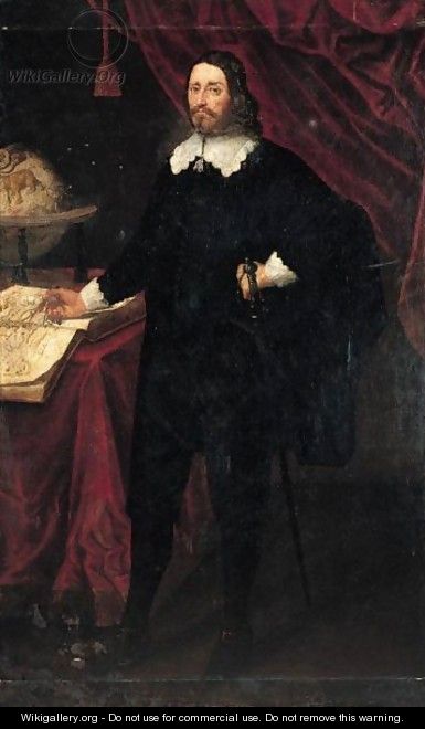 Portrait Of A Gentleman, Full Length, Wearing Black, Standing In An Interior Pointing To A Map Of Africa And The Mediterranean With A Pair Of Dividers, A Globe Beside Him - Roman School