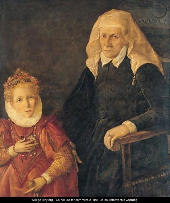 Portrait Of A Young Girl Wearing A Red Dress And Flowers In Her Hair, Standing Alongside Her Nurse-Maid - North-Italian School
