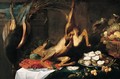 A Still Life Of A Peacock, A Roe Deer, A Lobster On A Wan-Li Porcelain Plate, Oysters On A Silver Platter, A Spray Of Plum And Fruit In A Basket, All Upon A Table Laid With A White And A Blue Cloth, With A Cat On A Window Ledge, And Parrots Feeding - (after) Frans Snyders