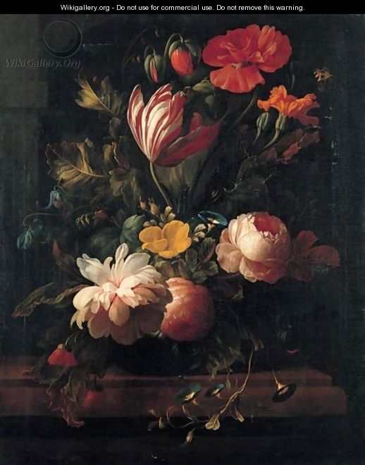 A Still Life Of Roses, Irises, Narcissi, Poppies And Various Other Flowers In A Vase On A Stone Ledge - Elias van den Broeck