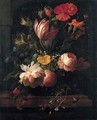 A Still Life Of Roses, Irises, Narcissi, Poppies And Various Other Flowers In A Vase On A Stone Ledge - Elias van den Broeck