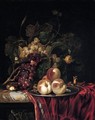 A Still Life Of Peaches On A Pewter Plate, Bunches Of Grapes, Walnuts And Almonds Together On A Red Cloth On A Stone Ledge - (after) Willem Van Aelst