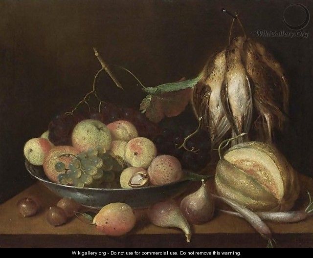 A Still Life Of Apples, Black And White Grapes And A Walnut In A Porcelain Bowl - Peter Soreau