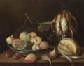 A Still Life Of Apples, Black And White Grapes And A Walnut In A Porcelain Bowl - Peter Soreau