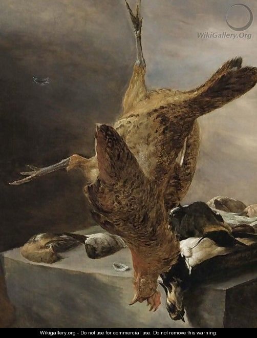 A Still Life With A Cockerel, Two Lapwings, A Duck And Other Birds, All On A Stone Ledge - Salomon van Ruysdael