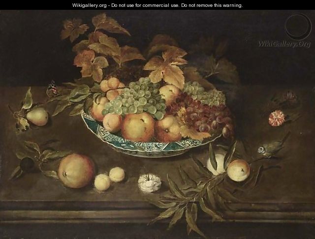 A Still Life With Grapes, Peaches, Apricots And Apples In A Wan-Li Porcelain Bowl, Together With A Pear, A Prune, Peaches, Apricots, Carnations, A Butterfly And A Blue Tit, All On A Ledge - (after) Ambrosius The Younger Bosschaert