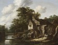 A Farmstead Near A Stream, With A Fisherman In A Rowing Boat, A Couple Crossing A Bridge And Figures Near A Farm - Cornelius Decker