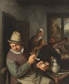A Peasant Lighting A Pipe In An Inn, Cardplayers In The Background - (after) Adriaen Jansz. Van Ostade