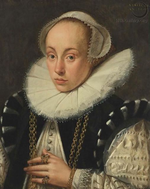 A Portrait Of A Lady, Aged 28, Bust Length, Wearing A Black And White Dress With A Lace Collar, A White Headdress, Gold Necklace And Jewellery - Gortzius Geldorp