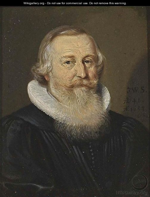 A Portrait Of An Elderly Bearded Gentleman, Aged 46, Bust Length, Wearing A Black Coat With A White Lace Collar - Conrad Meyer