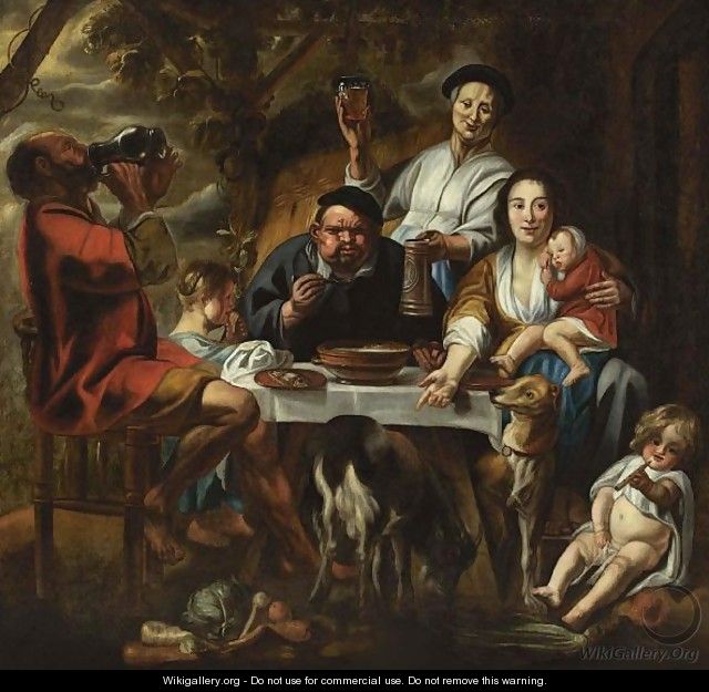 A Peasant Eating Porridge At A Table Together With A Mother And Child And Other Figures Drinking And Eating, Dogs In The Foreground - (after) Jacob Jordaens