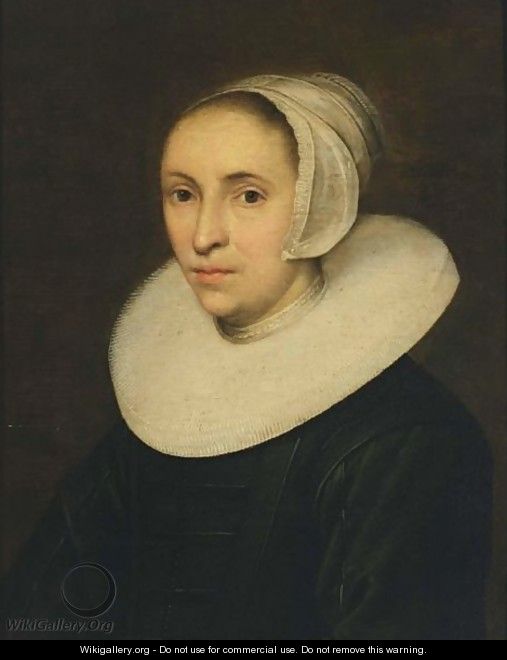 A Portrait Of A Lady, Aged 42, Bust Length, Wearing A Black Dress With A White Lace Millstone Collar And A White Cap - (after) Jacob Gerritsz. Cuyp
