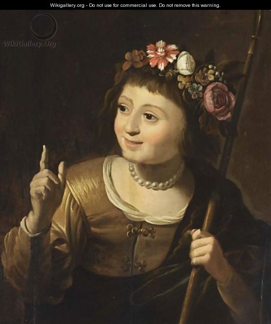 A Young Shepherdess With A Wreath Of Flowers In Her Hair, Holding A Staff - Utrecht School