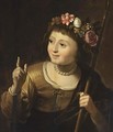 A Young Shepherdess With A Wreath Of Flowers In Her Hair, Holding A Staff - Utrecht School