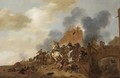 A Cavalry Battle Scene With Soldiers Fighting On A Bridge Near Burning Ruins - (after) Philips Wouwerman