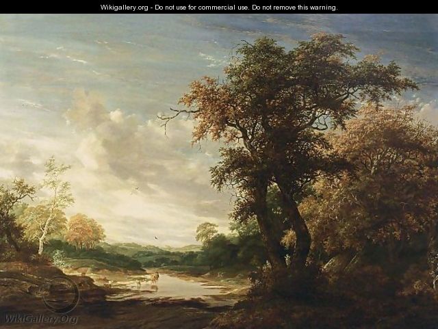 A Wooded Landscape With A Shepherd Watering His Herd In A Wallow - Jacob Salomonsz. Ruysdael