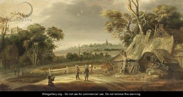 A Wooded Landscape With Figures Conversing Near A Farm, And Travellers On A Path, A Village Beyond - Joachim Govertsz. Camphuysen
