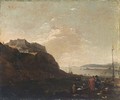 A Southern Harbour Scene With Workmen Unloading And Two Figures Conversing, A Fortified Castle Beyond - (after) Thomas Wijck