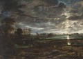 An Extensive River Landscape By Moonlight With Fishermen And Cows In The Foreground - Aert van der Neer