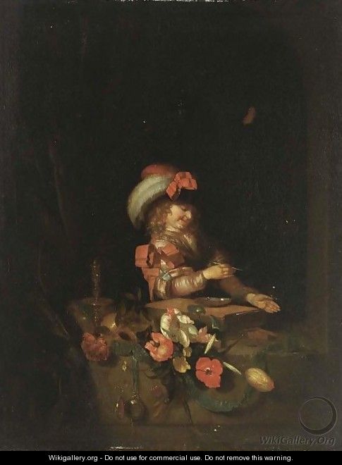 Vanitas A Boy In A Window Blowing Bubbles, With A Skull, Flowers, A Watch, A Candle And A Butterfly - Adriaen Van Der Werff