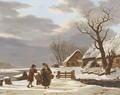 A Winter Landscape With A Farmstead Near A Frozen River And A Couple Conversing - Jacob van Strij