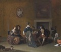 An Elegant Company Courting And Making Music In An Interior, With A Servant Pouring Wine In The Background And Two Dogs In The Foreground - Gerard Pietersz. Van Zijl