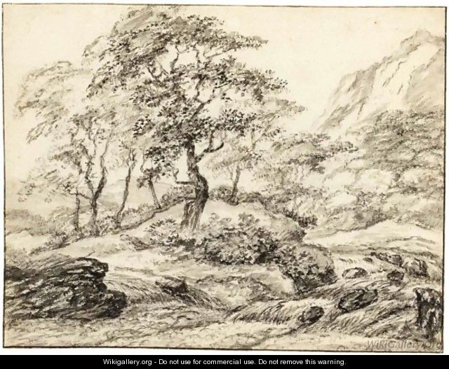 Mountainous Landscape With Trees By Rapids - Dutch School
