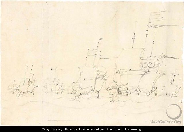 Sketch Of Eight Ships On A Choppy Sea - Willem van de, the Elder Velde