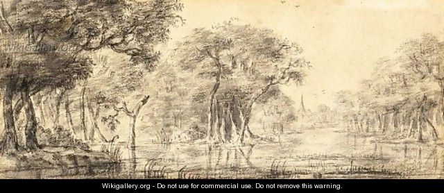 A Wooded River Landscape With A View Of A Church In The Background - (after) Simon De Vlieger