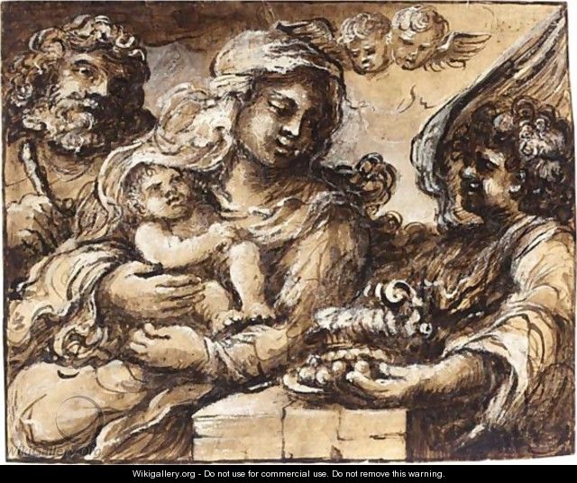 The Holy Family With Angels - Bolognese School
