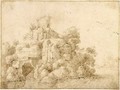 River Landscape With A Ruin On Rocks - Dutch School