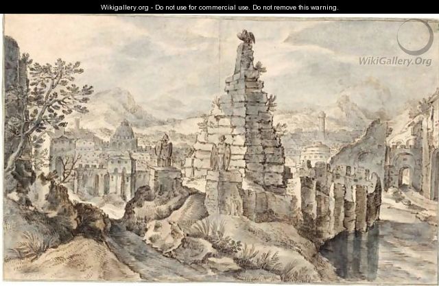 Fantasy Mountain Landscape With Buildings And Ruins - (after) Gillis Van Coninxloo