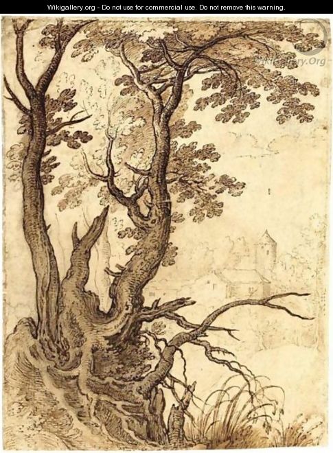 Study Of A Tree On A Rocky Outcrop, Buildings Behind - Paul Bril